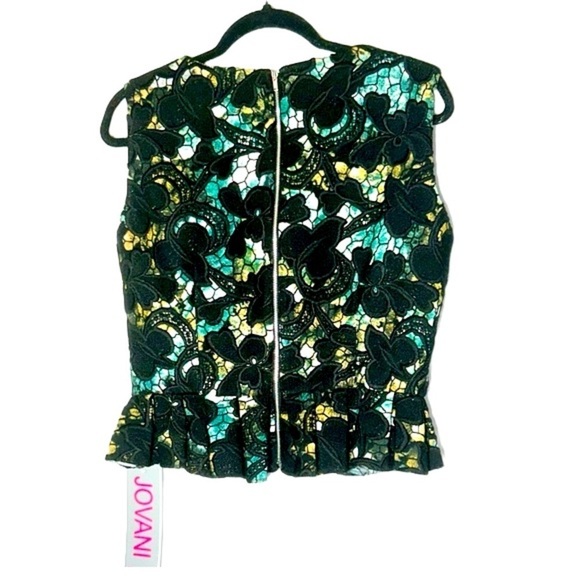 NWT Jovani Black, Green, & Yellow Lace Peplum Top, Built-In Bra, Back Zipper, 12 - Picture 8 of 16